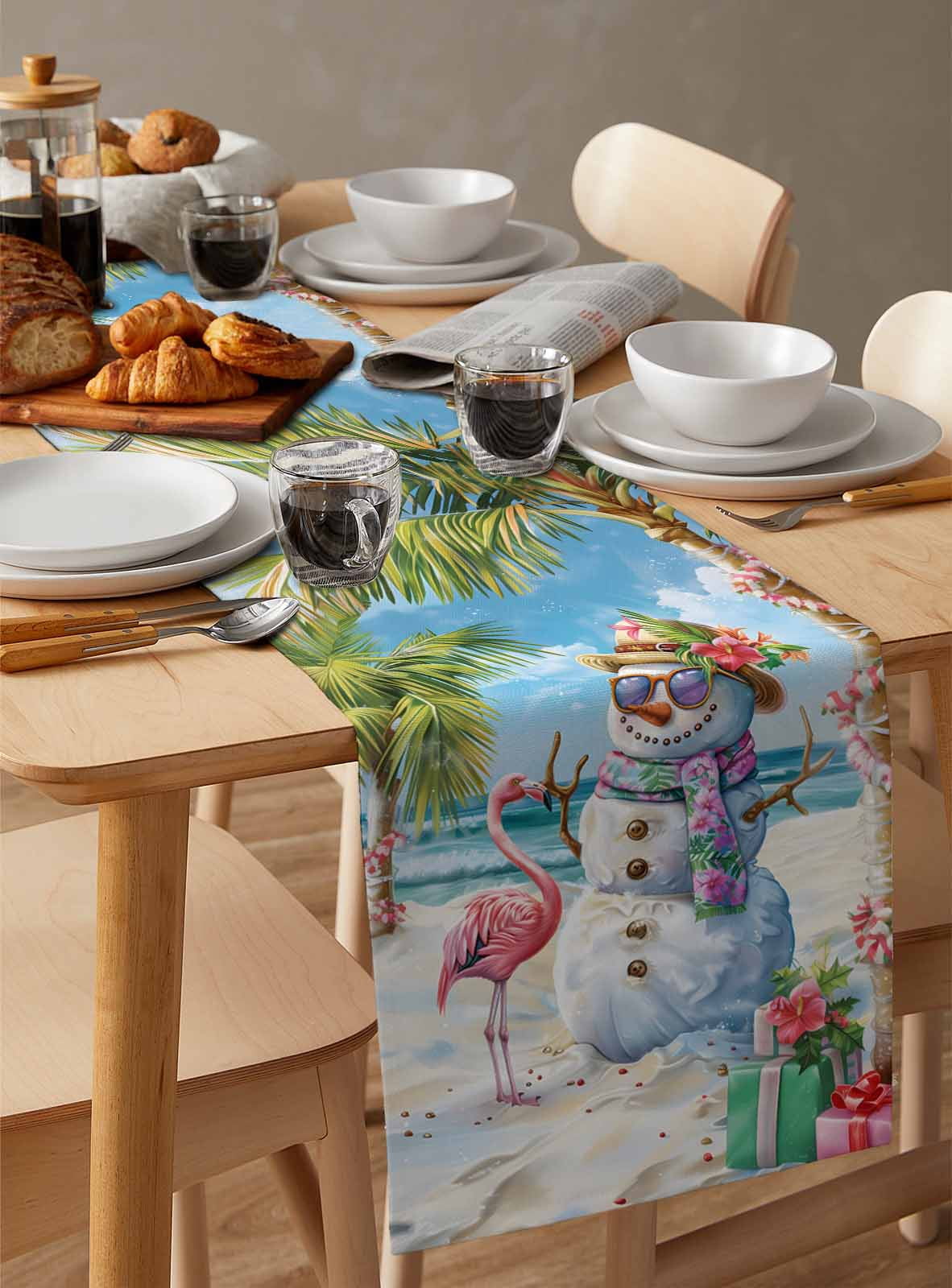 Coastal Snowman Christmas Table Runner Xmas Tree Flamingo Beach Tablerunners 13 x 120 Inch, Table Decorations Tabletop Scarf for Summer Gathering Holiday Farmhouse Kitchen Dining Decor