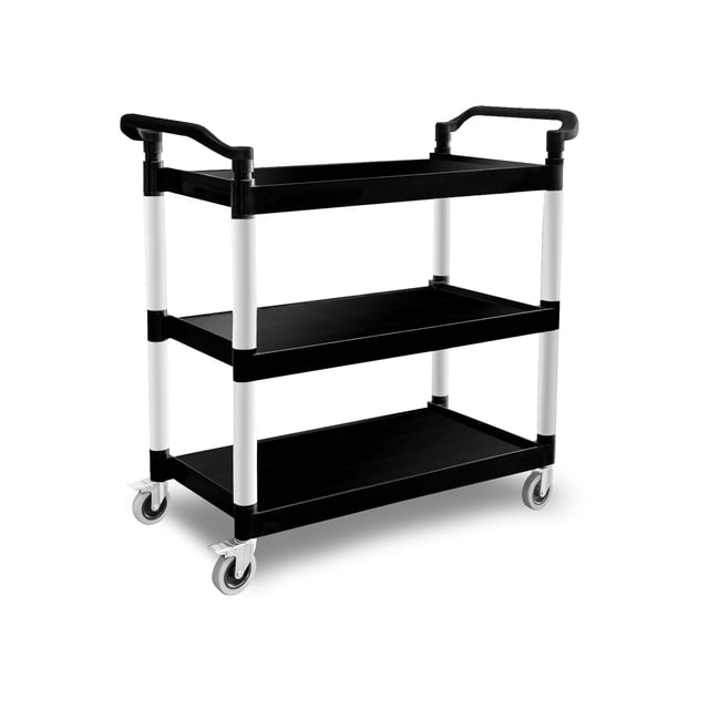 Carrito de Servicio con Ruedas Caledonia, 3 Niveles, Repisas de Polipropileno, Capacidad 100 kg, Ruedas Giratorias con Freno, Uso Profesional para Cocina, Hotel y Limpieza, CARSEP-03