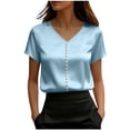 thumbnail image 3 of VBVC Women's Satin Pearl Neck Puff Sleeve Blouse,Ladies Elegant Crew Neck Work Office Top,Dressy Casual Short Sleeve Shirt For Women,Light Blue,S-2XL, 3 of 6