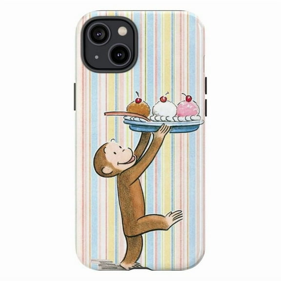 Cute Curious Monkey Ice Cream Sundae Phone Case, Retro Striped Dessert Design Protective Cover for iPhone 16 15 14 13 12 11 Pro Max Plus Mini