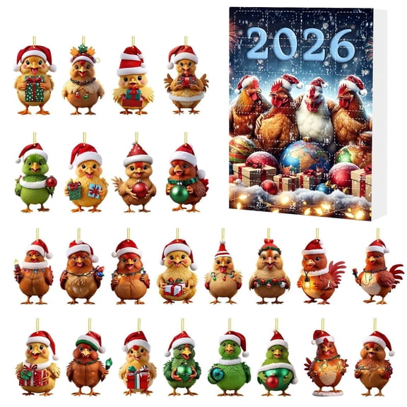 ICQOVD Small 2026 Christmas Advent Calendar,24 Day Countdown Calendar with Chicken Ornaments,Christmas Tree Hanging Decorations,Holiday Surprise Gift for Home and Family