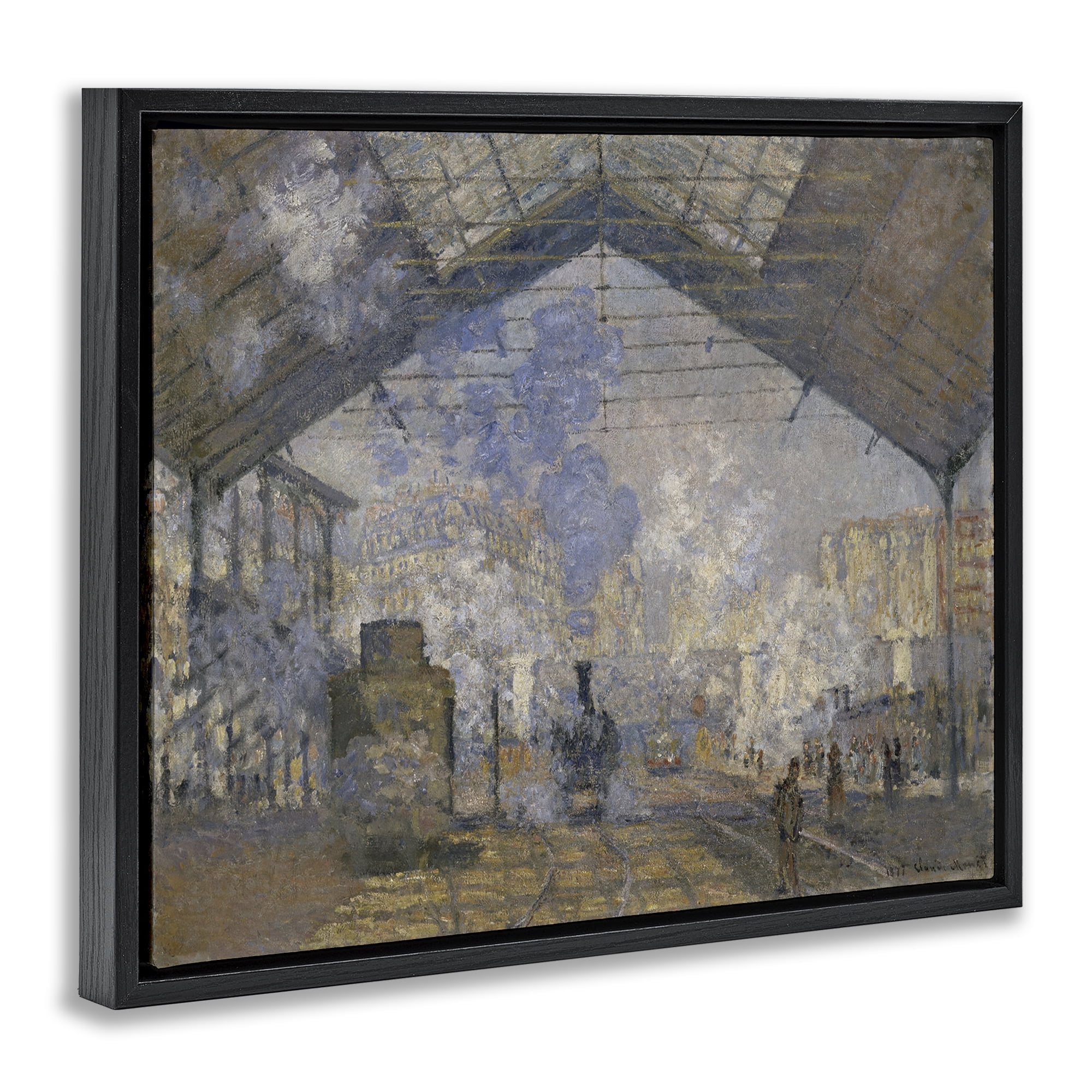 Stupell Industries Classic Monet Saint-Lazare Station Buildings & Architecture Painting Black Floater Framed Canvas Art Print Wall Art, 31 x 25