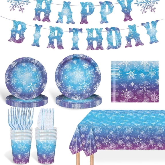 Frozen Party Plates Supplies, Blue and Purple Snowflake Winter Wonderland Disposable Tableware for Christmas Winter Holiday New Year Birthday Party Supplies Decorations, Serve 24 C113