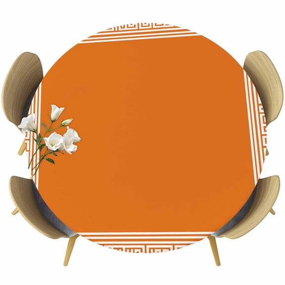 Round Table Cover 55-60 Inch Burnt Orange Geometric Waterproof Reusable Table Cloth Round Fitted Vinyl Tablecloth with Elastic Edged for Parties Outdoors, Country Greece Key Art
