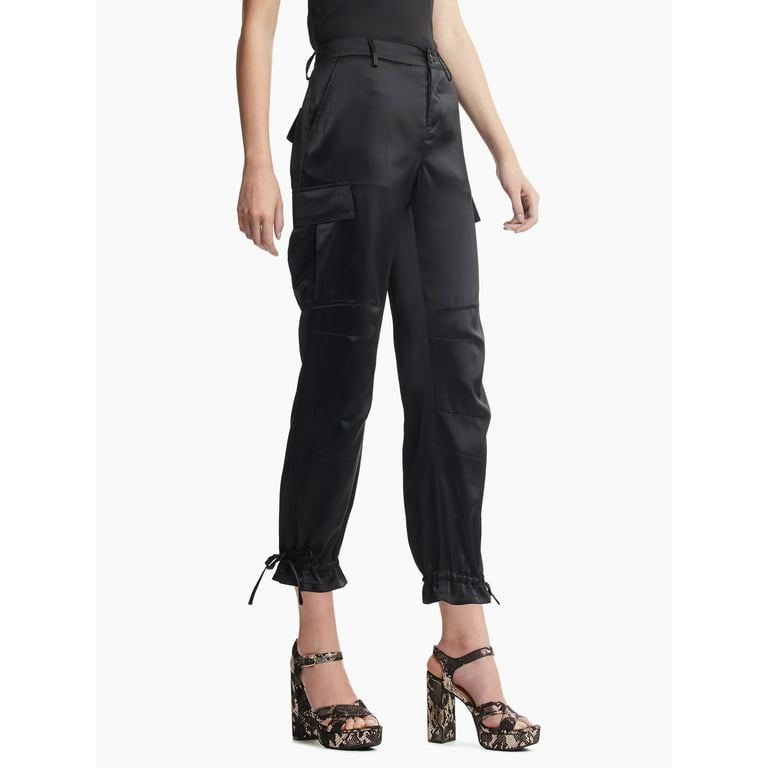 Unique Bargains Women's Drawstring Elastic High Waist Satin Cargo Pants