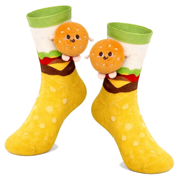 Hamburger 3D Cotton Novelty Crew Socks, Silly & Funny Cotton Food Themed Stocking Stuffers, Crazy Birthday Christmas Gifts for Men and Women, 1 Pair