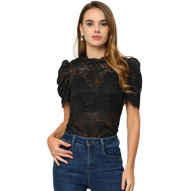 Blusa de encaje para mujer con cuello alto mangas cortas tops con bordado de encaje Negro S Allegra K Blusa Bodega Aurrera en linea