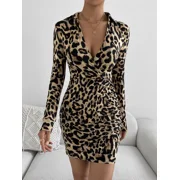 Shein Leopard Print Dress, V Neck, Knee Length - Size: Small - Brown/multicolor