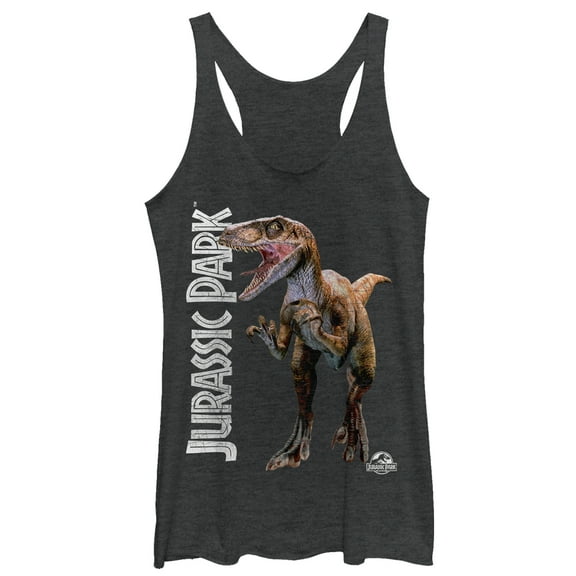 Women's Jurassic Park Velociraptor Logo  Racerback Tank Top Black Heather 2X Large