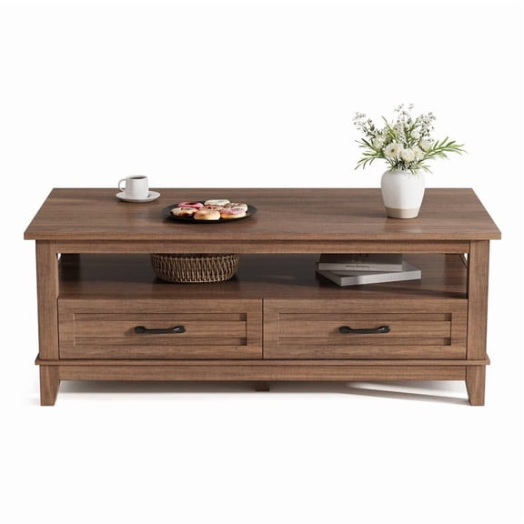 Farmhouse Coffee Table with 2 Drawers, 47.2" Wood Center Table with and Open Storage Shelf for Living Room, Apartment, Brown