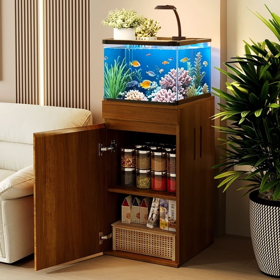 Euroco 10-15 Gallon Fish Tank Stand with Power Outlets,Modern Aquarium Stand with Adjustable Shelves & Storage Cabinet,Sturdy Heavy Duty 16.9" L x 16.9" W, Brown