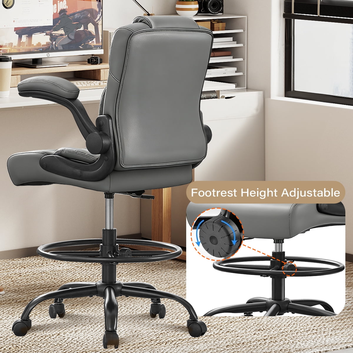 JONPONY 500 lbs Tall Office Chair with Flip-up Armrests for Standing Desk Executive Ergonomic Computer Leather Desk Chair with Lumbar Support, Adjustable Foot Ring for Home,GREY