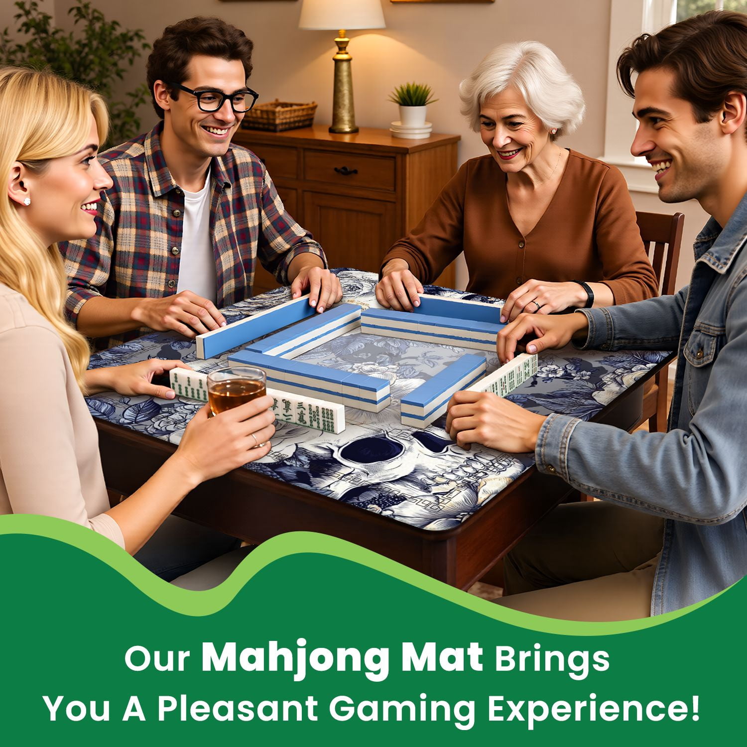 Mahjong Mat 31.5" x 31.5" seamless Wreaths garden flowers skulls Roses Non-Slip Noise Reduction American Mahjong Tiles Table Cover for Dominoes Poker Card Board Games Gift