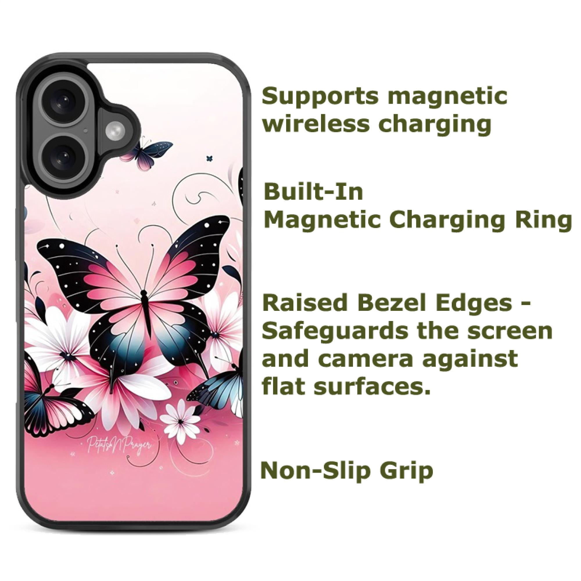 Butterfly Bouquet Magnetic Charging-Compatible Case for iPhone 16 – Slim Protective Floral Cover with Built-In Magnetic Ring & Shock-Absorbing Bumper