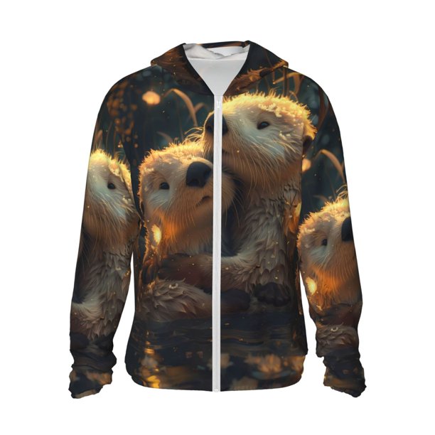 Balery Adorable Otter Pair Hug Sudadera ligera de manga larga con capucha y protección solar UPF 50+ para hombre y mujer, ideal para pesca y running-3X-Large