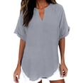 thumbnail image 3 of Womens Cotton Linen Tops Casual V Neck Blouse Loose Fit Short Sleeve Shirt Lightweight Summer Beach Vacation Clothes by Gbobgt Grey L, 3 of 6