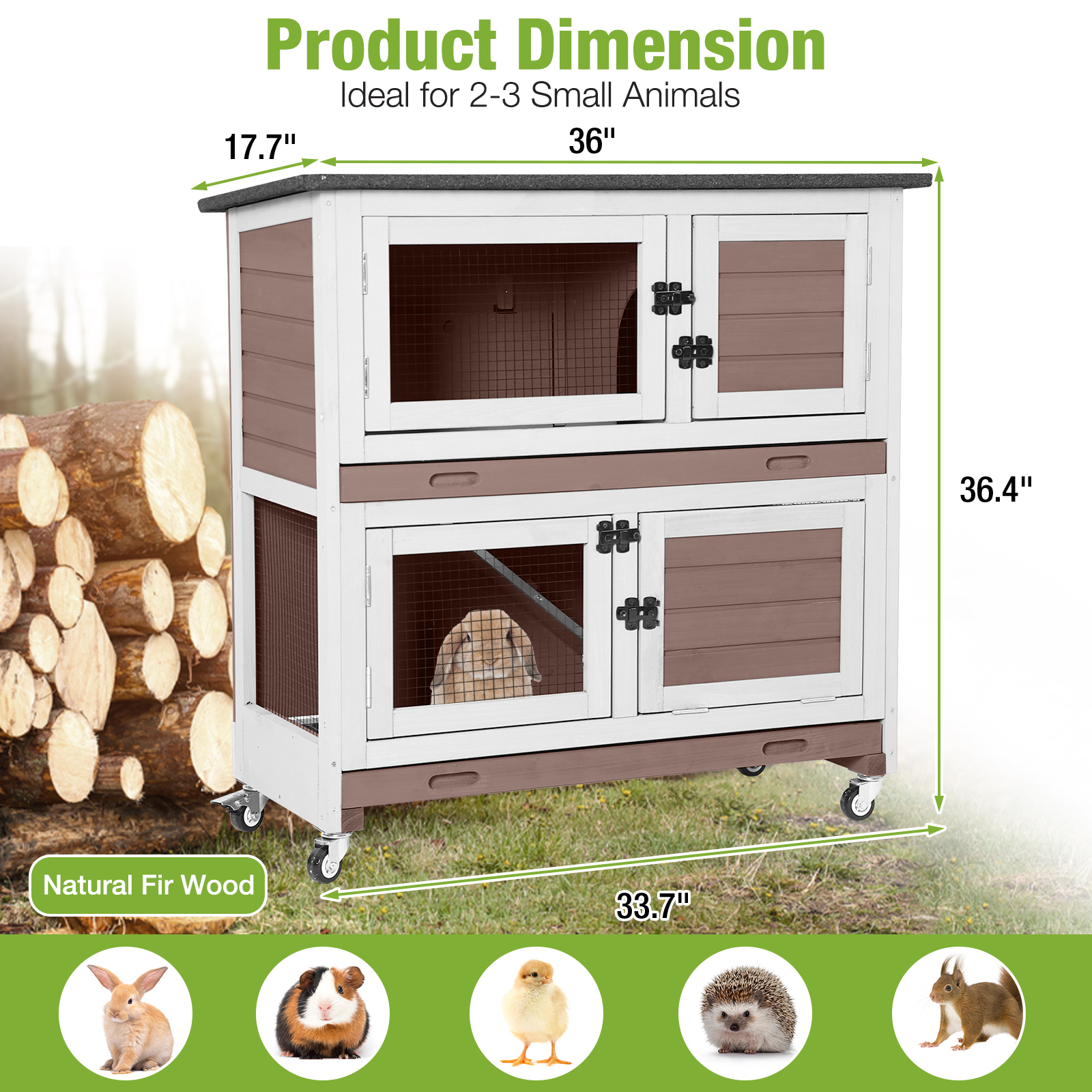 AIVITUVIN Wooden Rabbit Hutch Indoor Outdoor Rabbit Cage with Two Removable Trays Bunny Cage on Wheels Pet House Guinea Pig Cage 2 Story (Brown)