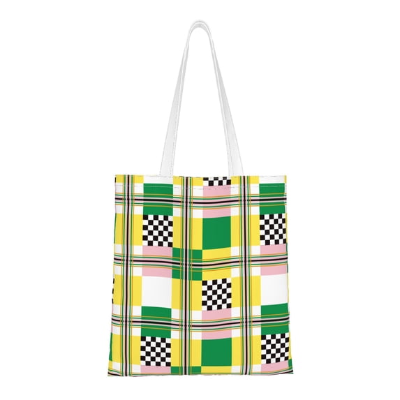 DouZhe Reusable Grocery Bags, Yellow Geometric Gird Lightweight Polyester Canvas Cloth Tote Bag for Travle Gym Shopping School, 15" x 16"