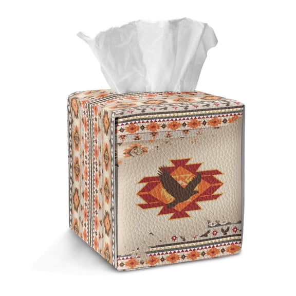 COEQINE PU Leather Square Tissue Box Cover, Snap Closure for Easy Refill & Storage, Universal Decorative Tissue Holder for Home Bedroom Car Office Desk, Southwest American Tribal Eagle