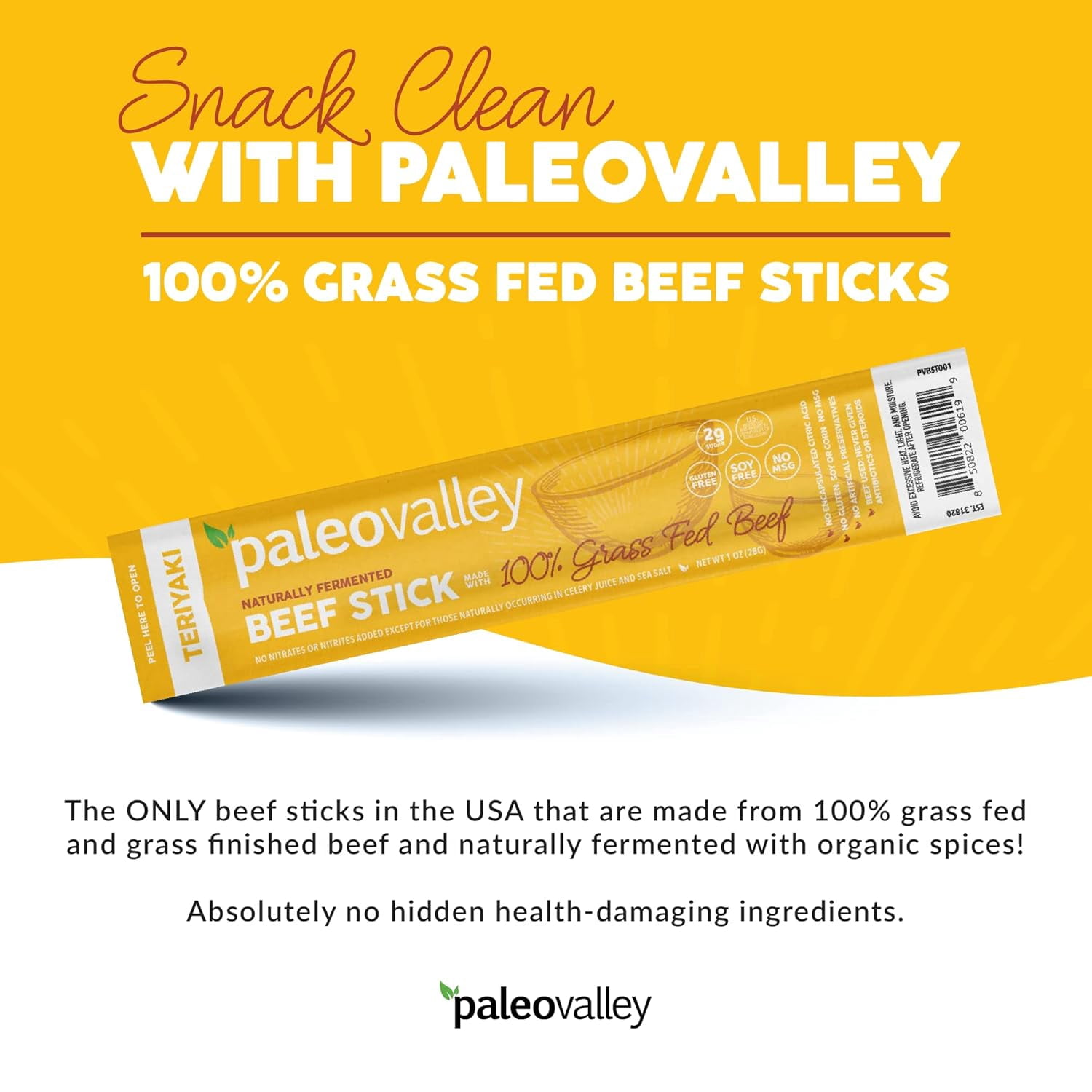 Paleovalley 100% Grass Fed Teriyaki Beef Sticks - Delicious Gluten Free Beef Snack - High Protein Keto Friendly