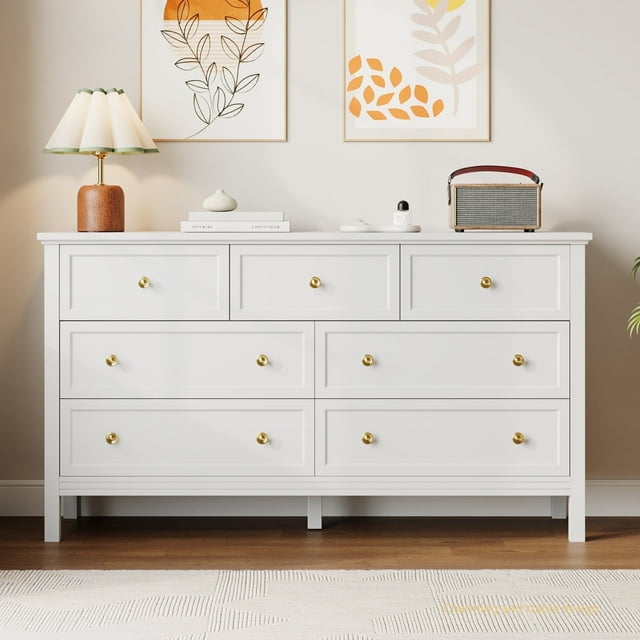 YouTrend Commode 7 Tiroirs Blanche, Commode Adulte Rétro en Bois avec Poignées en Métal pour Chambre, Salon, Couloir
