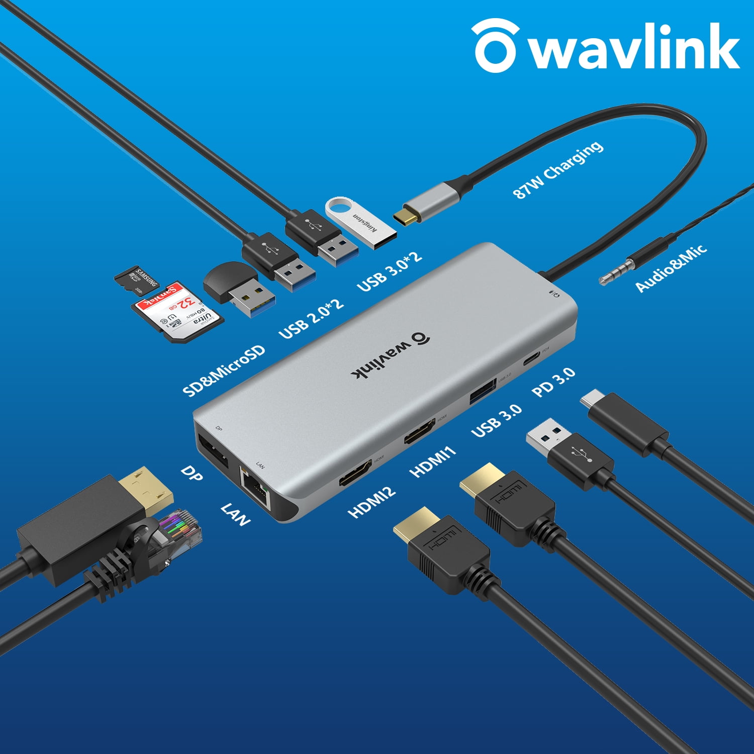 Genealogie visie ervaring WAVLINK USB C Docking Station,13 in 1 Multiport USB C Adapter Triple  Display for MacOS and Windows,USB C Hub with 2 HDMI 4K, DisplayPort, 4 USB,  87W PD, Gigabit Ethernet, SD/TF Card