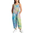 thumbnail image 6 of dazeni Girls Sleeveless Jumpsuits Fashion Tie Dye Romper Wide Leg Pants Casual Summer Boho Spaghetti Straps Overalls with Big Pockets Green 5-6 Years, 6 of 9