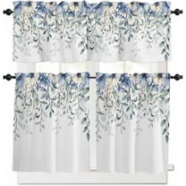 Eucalyptus Flowers Kitchen Curtains, Botanical Floral Leaves Gray Plaid 3-Piece Kitchen Curtain Valance and Tiers Set 24 Inch Length, Rod Pocket Half Window Curtains for Cafe Living Room Bathroom