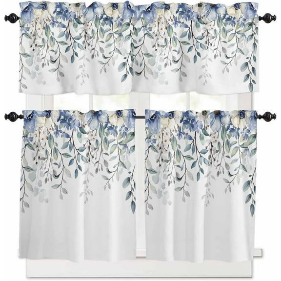Eucalyptus Flowers Kitchen Curtains, Botanical Floral Leaves Gray Plaid 3-Piece Kitchen Curtain Valance and Tiers Set 24 Inch Length, Rod Pocket Half Window Curtains for Cafe Living Room Bathroom
