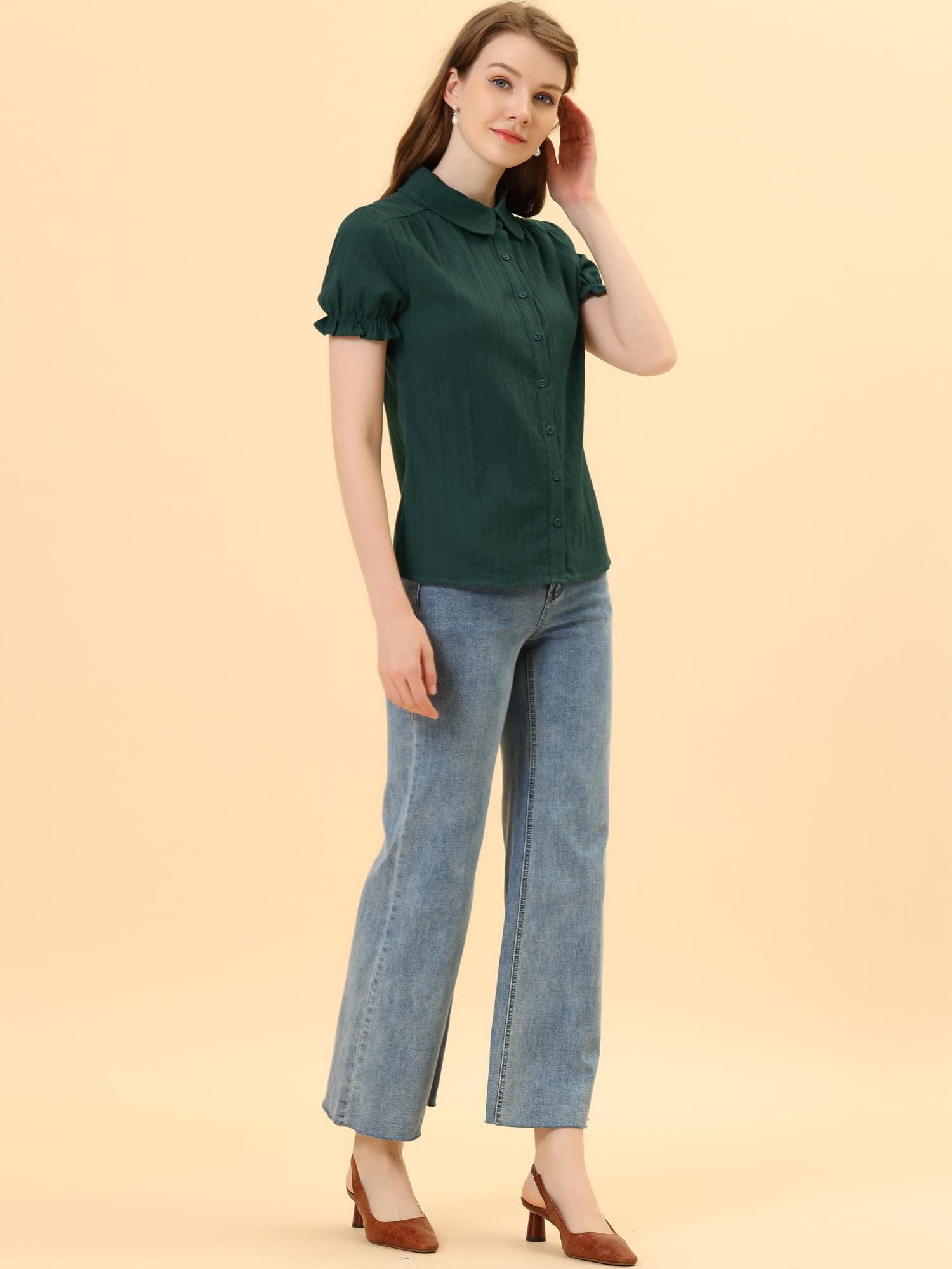 DARING DIVA Women's Cotton Frilled Peter Pan Collar Blouse L Dark Green