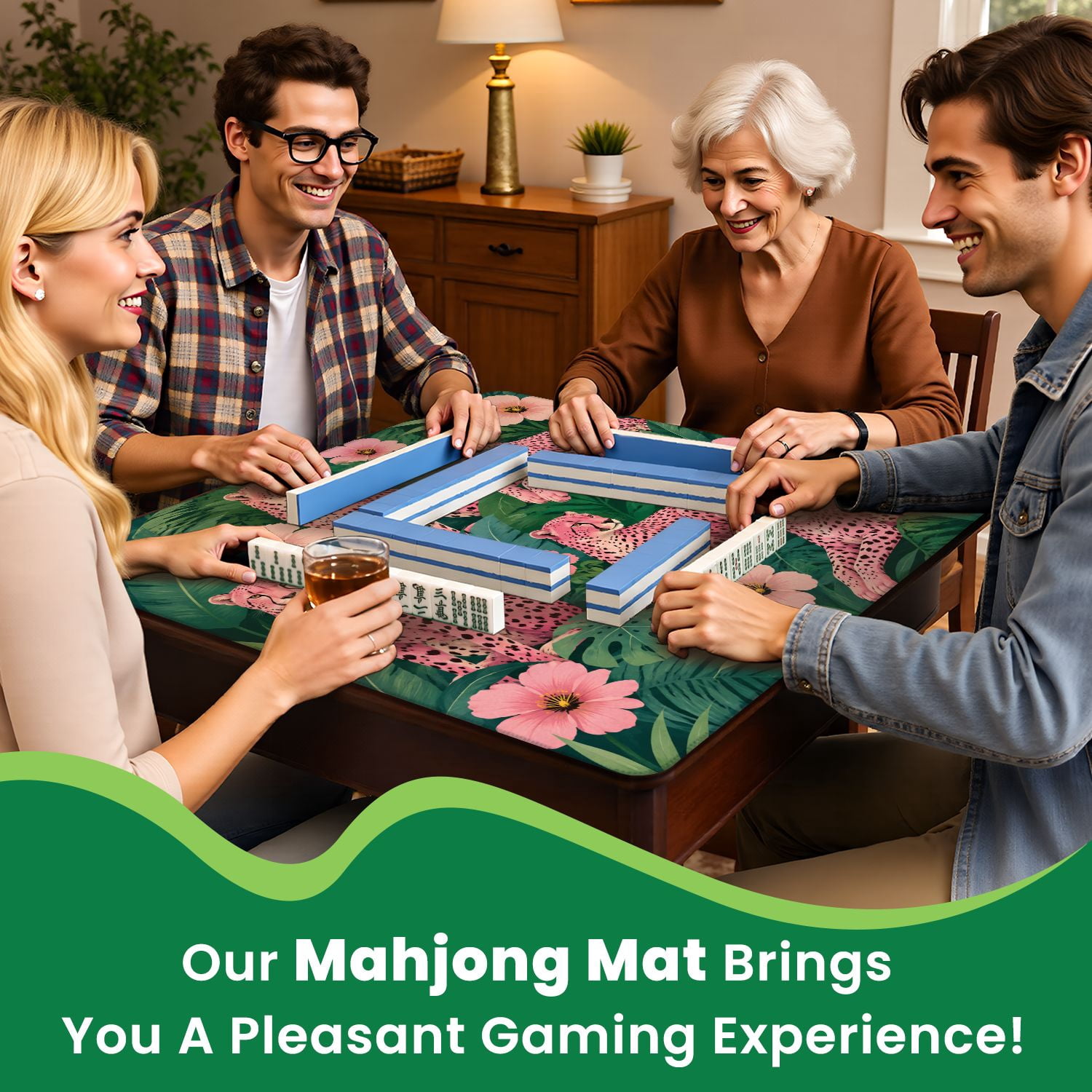 Mahjong Mat 31.5" x 31.5" seamless pink leopards flowers tropical leaves Trendy style Non-Slip Noise Reduction Mahjong Tiles Table Cover for Dominoes Poker Card Board and Tile Games