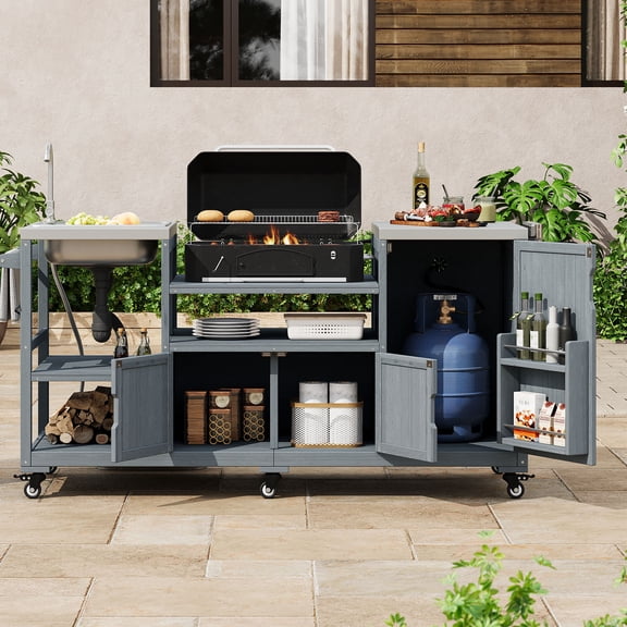 YIYADO 75.4" Outdoor Kitchen Island with Sink, Solid Wood Outdoor Grill Cart for Big Green Egg Grills, Rolling Outdoor Bar Cart with Stainless Steel Top, for Pizza Prep & BBQ, Grey Blue