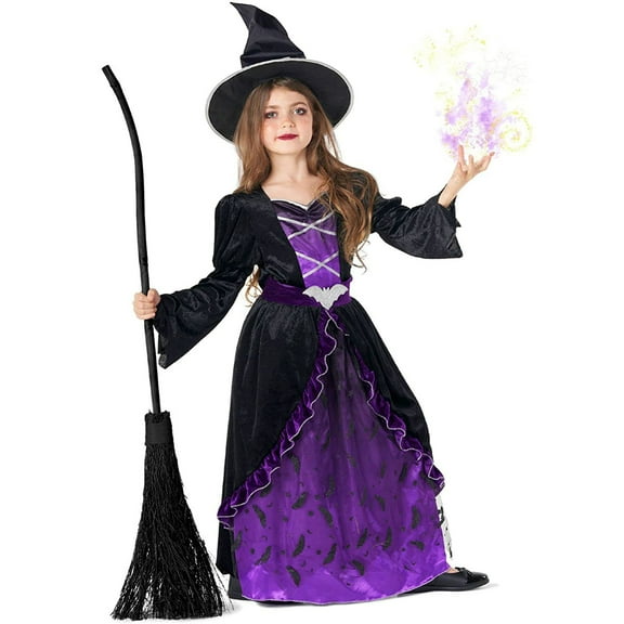 Morph Deluxe Girls Purple Witch Costume Hat Kids Halloween Fancy Dress Purple/Black XL