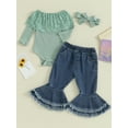 thumbnail image 3 of Bslissey Baby Girls 3Pcs Fall Outfits Long Sleeve Lace Patchwork Crew Neck Romper + Denim Flared Pants + Headband Sets Infant Casual Daily Clothes 0-24 Months, 3 of 9
