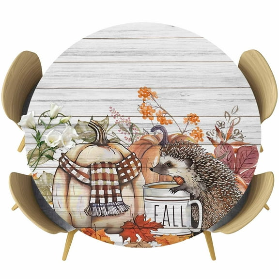 Fall Pumpkin Hedgehog Round Tablecloth 55-60 Inch Round Fitted Table Cloth with Elastic Edge, Vintage Thanksgiving Waterproof Table Cover Protector for Outdoor Picnic Party Dining
