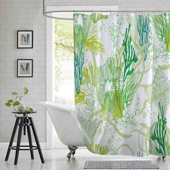 Extra Long 72"x84"Green Coastal Shower Curtain Set with Hooks,Starfish Seashell Coral Bathroom Curtain,Waterproof Washable Fabric for Bathroom Decor