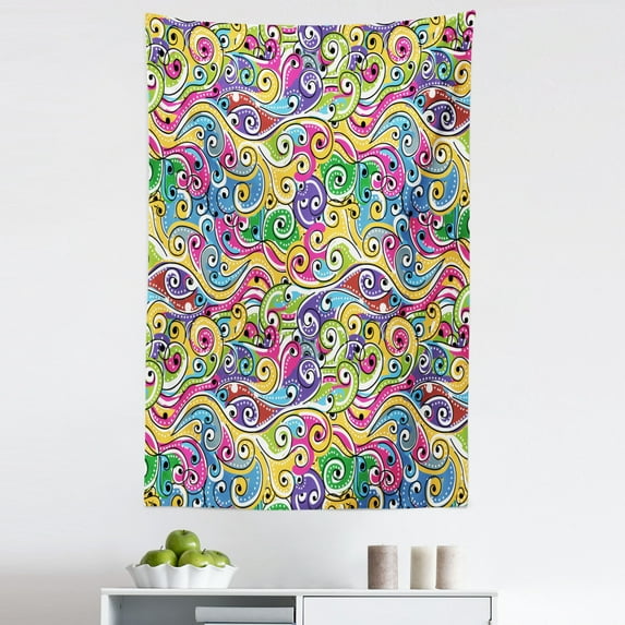 Wave Tapestry, Funky Colored Curves with Spiraling Ends Doodle Style Lively Summertime Inspired Art, Fabric Wall Hanging Decor for Bedroom Living Room Dorm, 5 Sizes, Multicolor, by Ambesonne