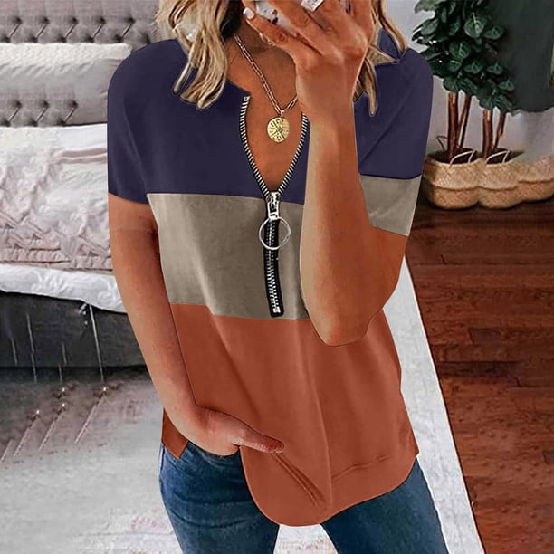 ICHUANYI Clearance Women's Fashion Casual Patchwork V-Neck Loose Short Sleeve T-shirt Pullover Tops(Orange, L) ICHUANYI WER2023080816785