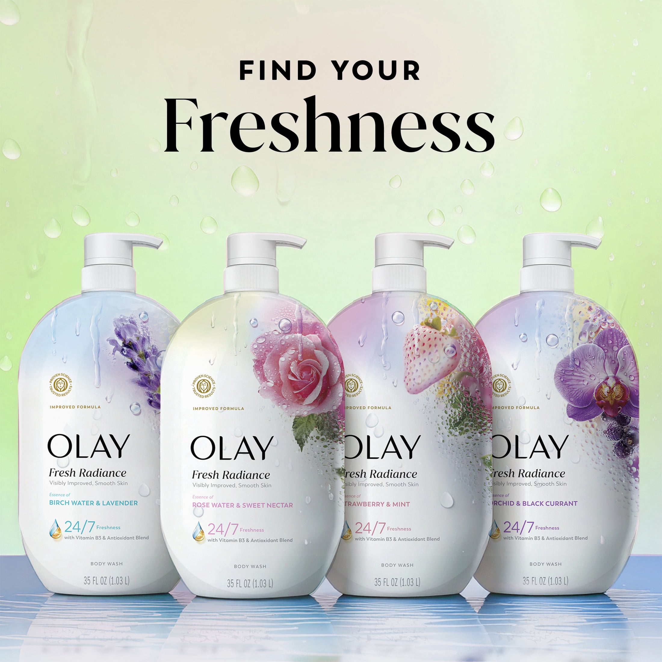 (4 pack) Olay Fresh Radiance Body Wash, Rose Water & Sweet Nectar, with Vitamin B3, 35oz