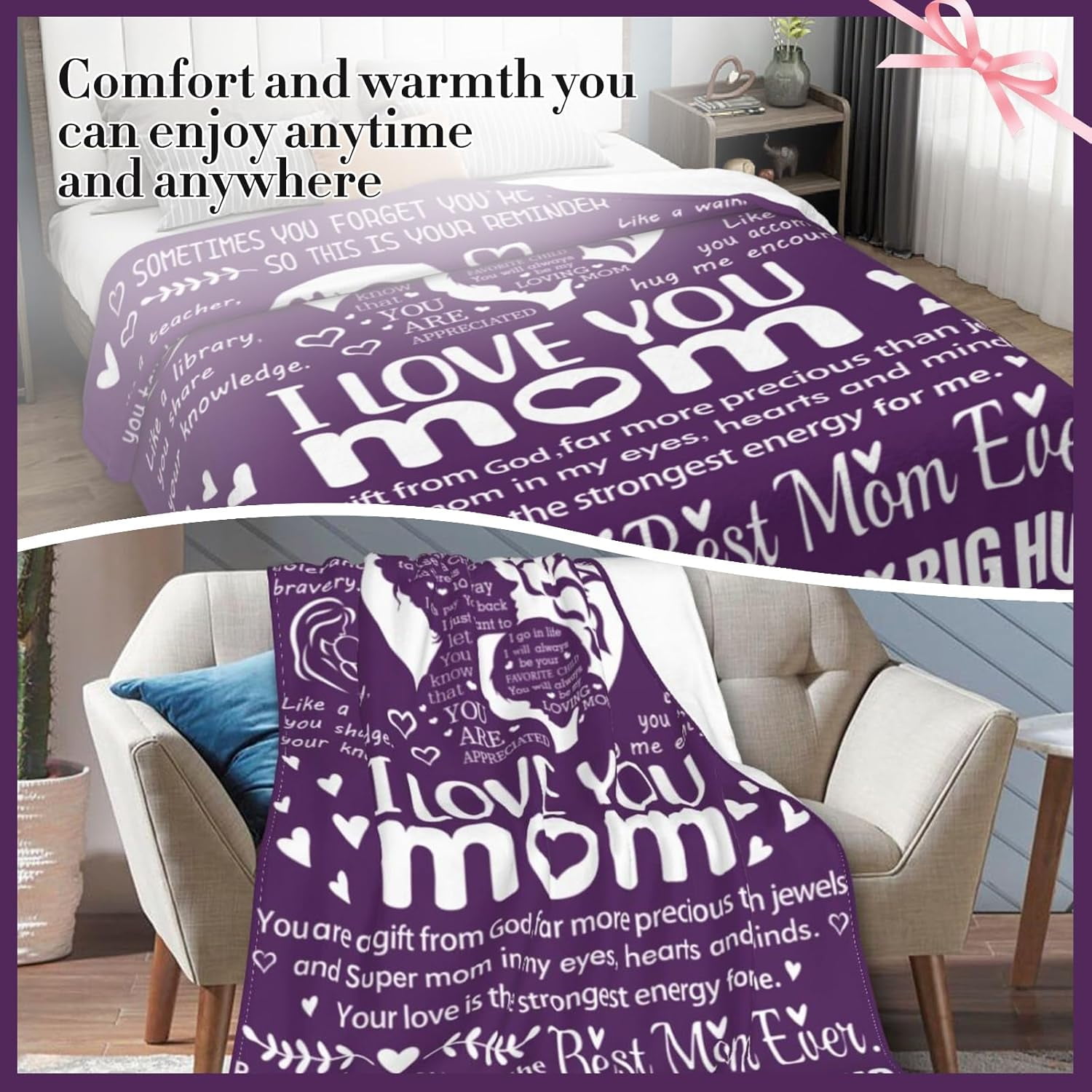 I Love You Mom Blanket for Mom, Valentines Gifts for Mom from Daughter Son, Birthday Gifts for Women Who Has Everything, Blanket Gift for Her, I Love You Mom Throw Blanket