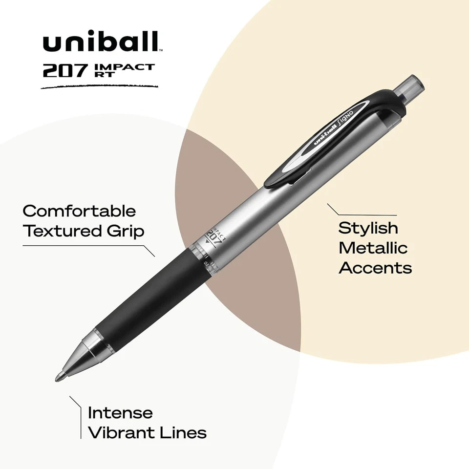 CIRCLE- Uniball 207 Impact 4 Pens Black Gel Ink Bold Point 1.0Mm Signo Archival