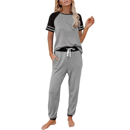 

ZHIYU Womens Pajamas Set Short Sleeve Color Block Sleepwear Tops With Long Pants Pjs Set Nightwear