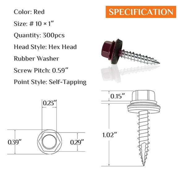 GHRTGR-Metal Roofing Screws #10 × 1 Inch, 300 PCS,Red Painted Hex Head Sheet Metal Roof Screws,Rubber Washer,Sharp Point,Self Starting Metal to Wood Siding Screws, EPDM Washer,Hex Socket Included