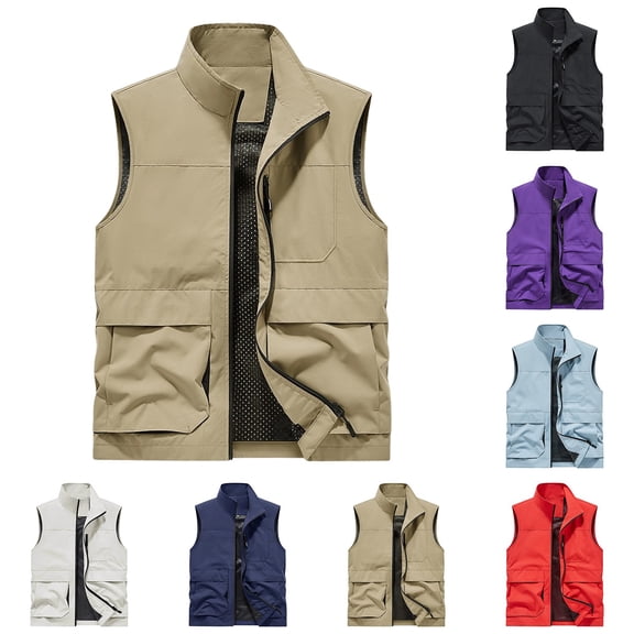 Men's Solid Color Sleeveless Vest Jacket Nylon Spandex Stand Up Collar Full Zip Cardigan With Multiple Pockets Lightweight Outerwear Casual Daily Travel | Zenithor,Black L