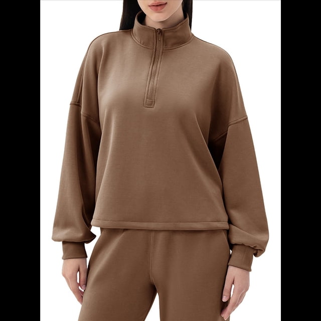Sudadera Holgada Informal de Modal con Media Cremallera y Cuello Alto para Mujer, Jersey de Larga Popular para Otoño de 2025. Marrón M