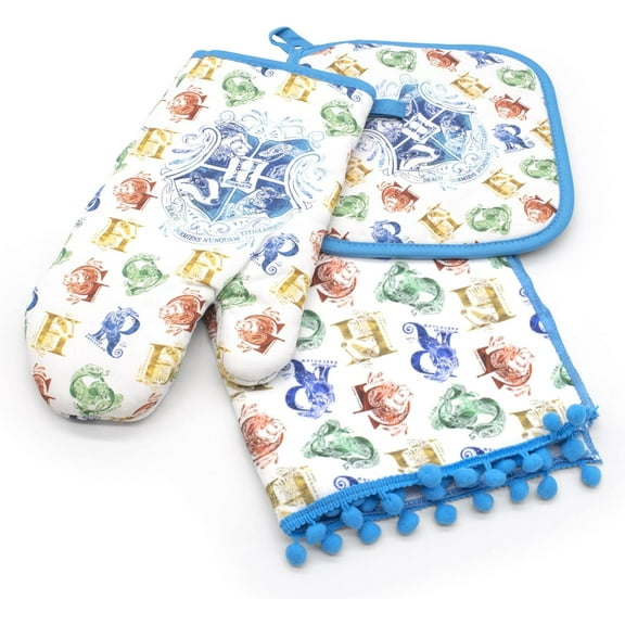 Harry Potter Hogwarts Houses Kitchen Set: 3 Pc Collection- Towel, Mitt, Pot Holder