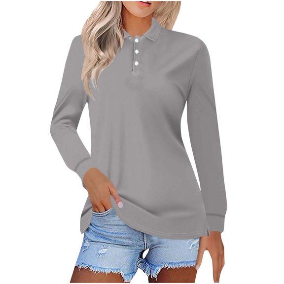 WRKEKC Womens Long Sleeve T-Shirts Solid Color Collar Long Sleeve Button Down T-Shirt Fashionable Look Comfortable Fit