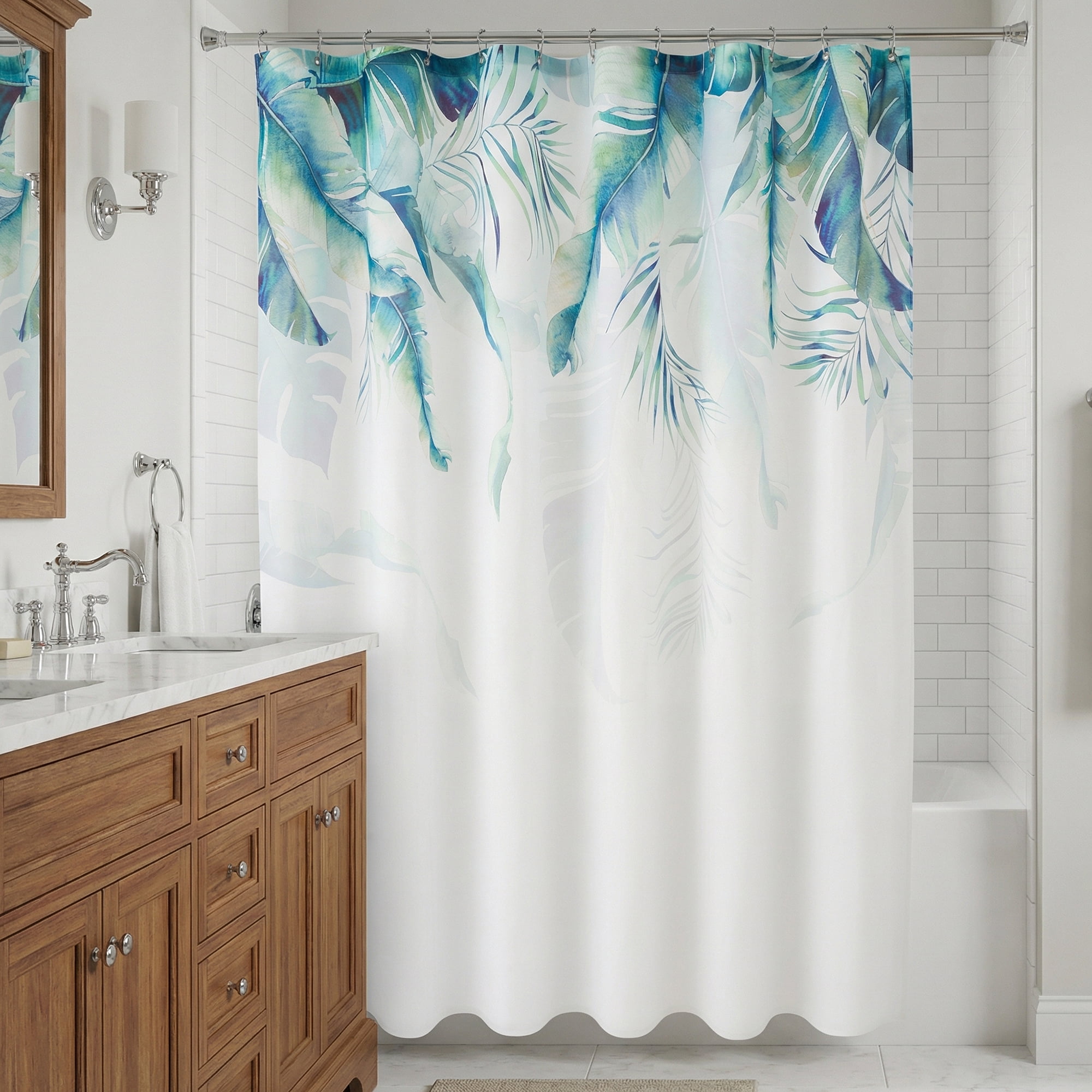 Unique Bargains Waterproof Leaf Shower Curtain Sets Hooks Green Pattern 2 71"W x 71"L