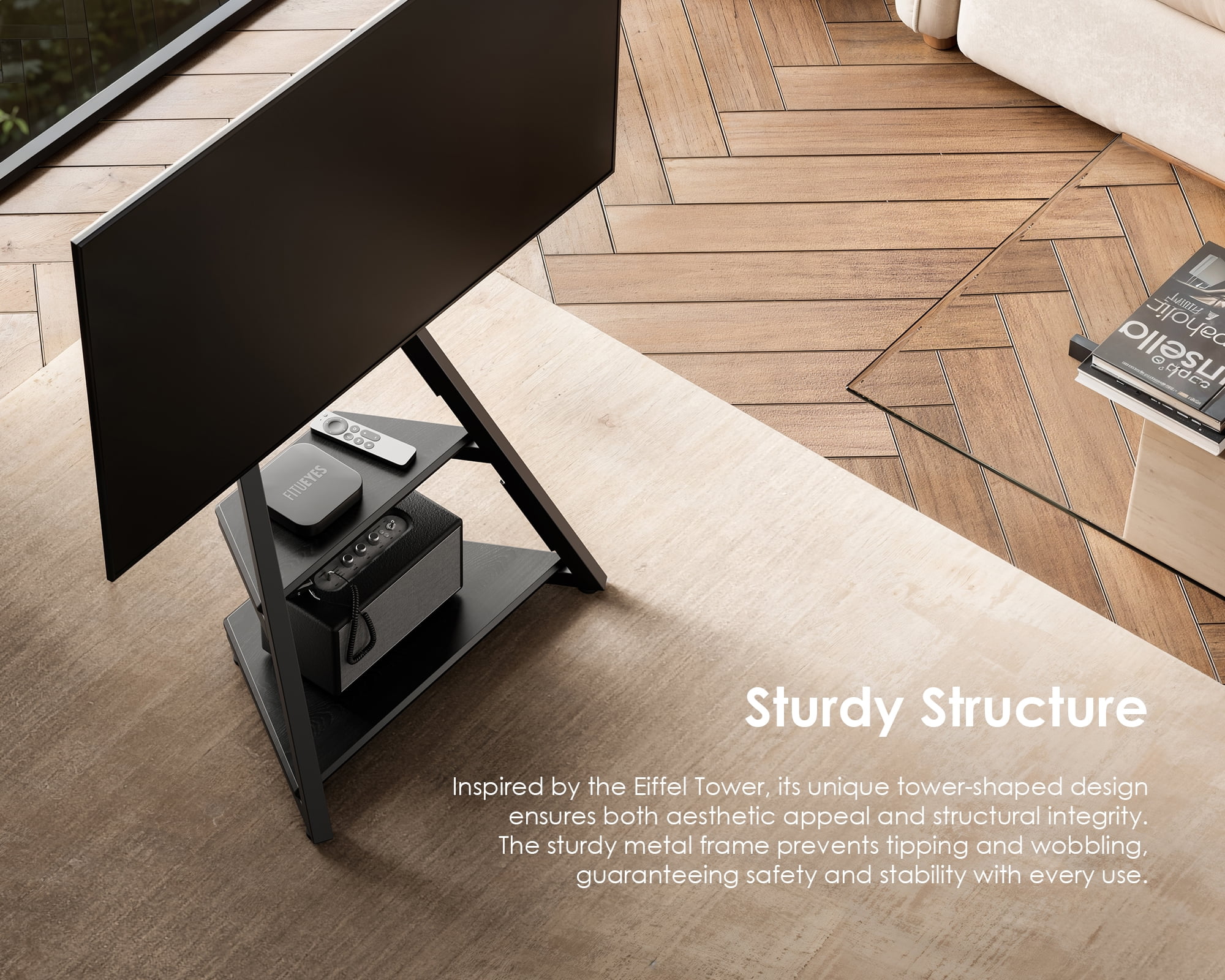 FITUEYES Design Corner TV Stand for 32 43 50 55 65 Inch TV, Rolling TV Stand for Bedroom, Living Room, Study Room and More, Mobile TV Stand with Wooden Storage Shelves, Eiffel Series.