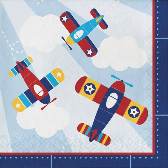 Multicolored Lil' Flyer Airplane Disposable Party Beverage Napkins 6.5"